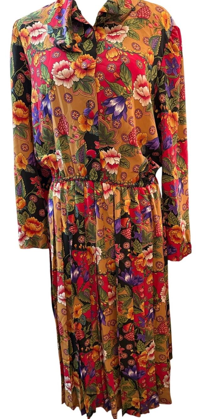 Leslie Fay Vintage Floral Shirtwaist Pleated Skirt Dress, Bold Retro, Size 12